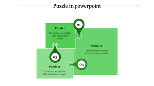 PowerPoint template with three green puzzle pieces each containing placeholder text and connected by arrows.
