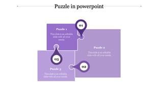 Three step puzzle design with purple blocks and numbered markers for sequential flow each with caption areas.