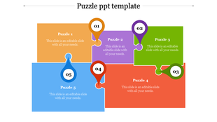 Multicolored puzzle layout with numbered location markers linked to five placeholder text areas placed in white backdrop.