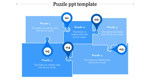 PowerPoint template with five blue puzzle pieces, each marked with numbers and placeholder text.