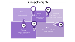 Five part purple puzzle diagram with numbered circular markers for each piece placed in white background.