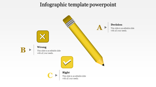 Infographic PPT slide featuring a yellow pencil and three sections each with corresponding symbols and placeholder text.