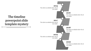 Gray staggered timeline with circular markers showing events from 2015 to 2020 placed with placeholder text areas.