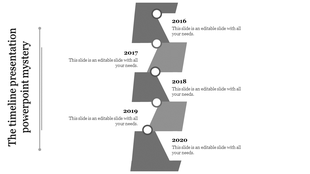 Gray vertical timeline with staggered blocks, feauring circular markers and labeled years 2016 to 2020 on a white background.