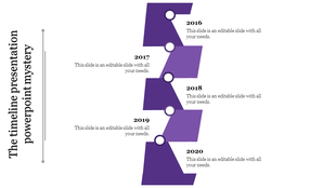 Staggered purple timeline with circular markers and years labeled from 2016 to 2020, paired with text placeholders.