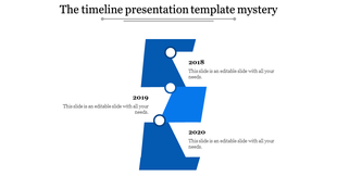 Timeline PowerPoint template with blue steps for the years 2018 to 2020, each containing placeholder text.