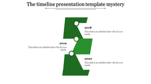 Vertical green timeline with blocks for years 2018, 2019, and 2020  each with placeholder text areas.
