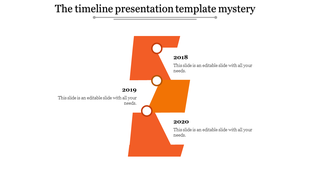 Timeline PowerPoint template with orange steps for the years 2018 to 2020, each containing placeholder text.