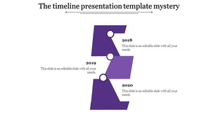 Purple timeline with circular milestones and descriptions for 2018, 2019, and 2020 on a white background.