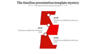 Red timeline with staggered blocks for years 2018, 2019, and 2020 each with placeholder text areas.