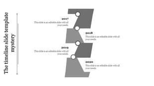 Timeline PPT slide with grey segments, each representing a different year from 2017 to 2020 with placeholder text.