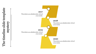 Vertical timeline with yellow zigzag segments marking years 2017 to 2020 placed in white background.