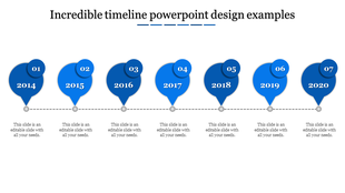 Timeline PowerPoint template with years 2014 to 2020 and captions for each milestone on a blue theme.