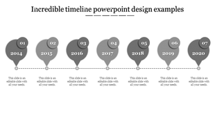 Timeline PowerPoint template with seven grey milestone markers from 2014 to 2020, featuring placeholder text.