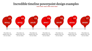 Seven red leave shapes representing timeline milestones above a horizontal dashed line with text below.