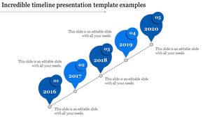 Timeline PowerPoint template with blue circular milestones from 2016 to 2020 with placeholder text.