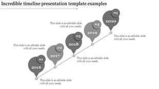 Gray themed timeline infographic with five balloon shaped markers labeled 2016 to 2020, aligned diagonally with text.