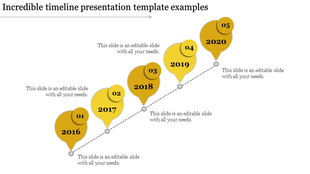 Diagonal timeline with yellow circular markers for years 2016 to 2020 connected by a dotted line in white backdrop.