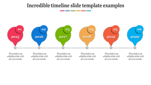 Horizontal timeline with six balloon shaped markers in red, blue, green, yellow, orange, and teal, from 2015 to 2020.