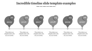 Gray horizontal timeline with balloon like markers showing six stages connected by a dotted line.