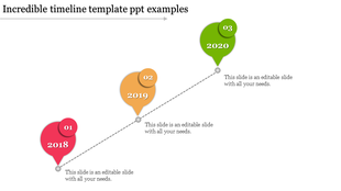 Vertical timeline with pink, orange, and green balloons for years 2018 to 2020 along a dashed diagonal line.