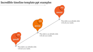 Timeline PowerPoint template with orange bubbles marking years 2018, 2019, and 2020 connected by a dashed line.