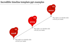 Red timeline markers, captions in ascending order for 2018, 2019, and 2020 connected by a dotted line.