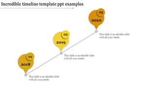 Timeline PowerPoint template with yellow bubbles marking years 2018, 2019, and 2020 connected by a dashed line.