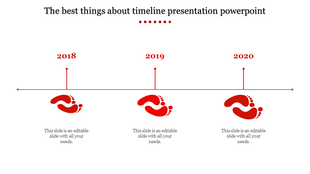 Simple red timeline design showing yearly milestones with footprints representing stages of progress.