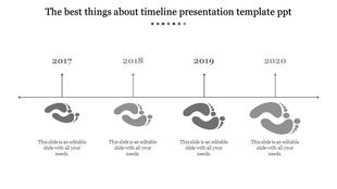 Grey footprint timeline showing years 2017 to 2020 with captions areas placed in a white background.