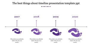 Purple footprint timeline showing years 2017 to 2020 with captions areas placed in a white background.
