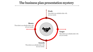 Circular business plan infographic with red nodes for work, money, growth, and target surrounding handshake icon.