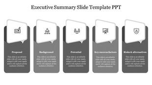 Gray executive summary slide with five labeled columns, each featuring a white icon panels.