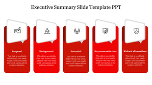 Executive summary slide with five red speech bubble designs, each featuring an icon and  captions areas.