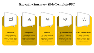 Five vertical panels in yellow featuring a white speech bubble icon at the top, aligned across the slide.