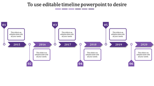 Monochrome purple timeline with numbered hexagons, caption areas and arrow labels for years 2015 to 2020.