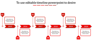Red PowerPoint timeline slide with years from 2015 to 2020, each year linked with text placeholders.