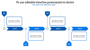 Horizontal timeline with blue arrows, numbered markers, and text boxes for the years 2017 to 2020 on a white background.