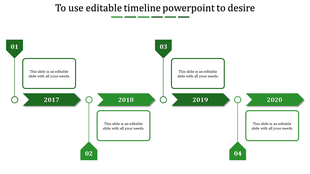 Timeline PowerPoint template featuring green arrows for each year from 2017 to 2020 with caption boxes.