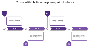 Purple timeline infographic with arrow-shaped year labels from 2017 to 2020 and numbered markers.
