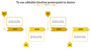 Yellow themed timeline graphic with four pentagonal labels, arrow markers, and text boxes aligned horizontally.