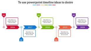 Multi colored timeline infographic with arrow-shaped year labels from 2016 to 2020 and numbered markers.