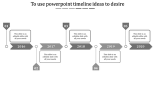 Gray timeline infographic with arrow shaped year labels from 2016 to 2020 and numbered markers in white backdrop.