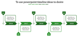 PowerPoint timeline template from 2016 to 2020, featuring year labels with green arrow markers with placeholder text.