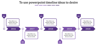 Purple timeline infographic with arrow shaped year labels from 2016 to 2020 and numbered markers with caption areas.