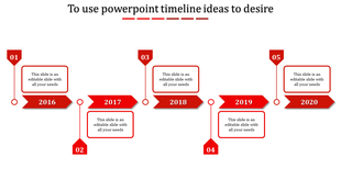 PowerPoint timeline template from 2016 to 2020, featuring year labels with red arrow markers with placeholder text.