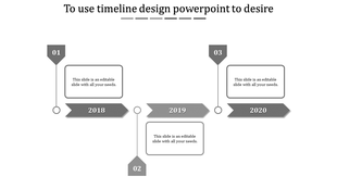 Timeline PowerPoint template with grey arrow markers for years 2018, 2019, and 2020 with placeholder text.