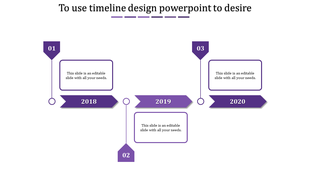 Timeline PowerPoint template with purple arrow markers for years 2018, 2019, and 2020 with placeholder text.