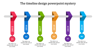 Horizontal timeline featuring colorful ribbons for 2015 to 2020, connected to circles below, symbolizing yearly milestones.
