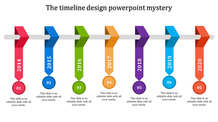 Timeline with ribbons in red, blue, green, orange, purple, and teal for years 2014 to 2020, linked to circular labels.